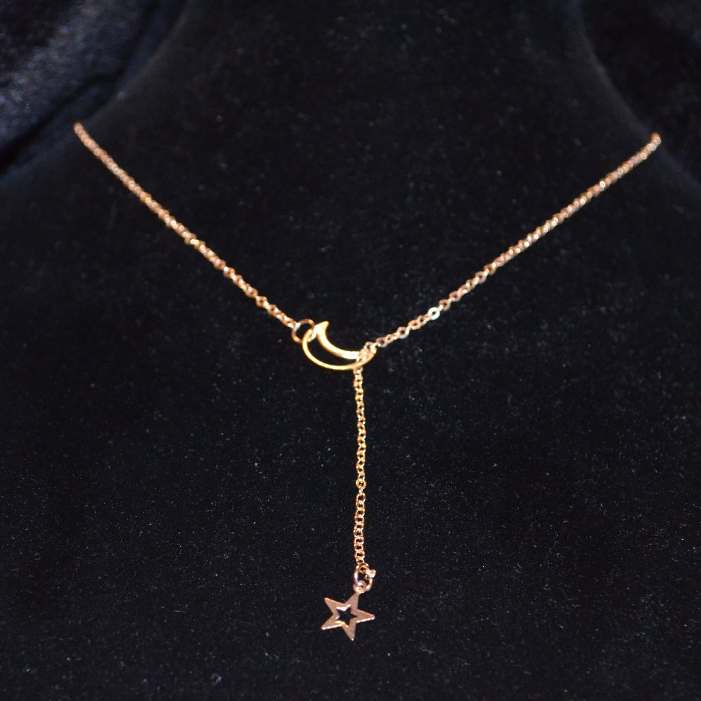Moon  Star Gold Toned Necklace Charms Flat Chain Link Lobster Clasp